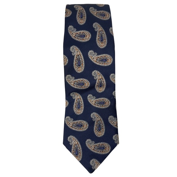 T HARRIS London Mens Tie Navy Blue Gold  Brown Purple Paisley - Picture 1 of 5